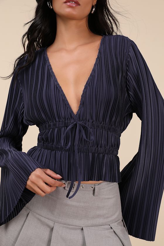 Lulus Staying Optimistic Navy Pleated Bell Sleeve Top In Navy