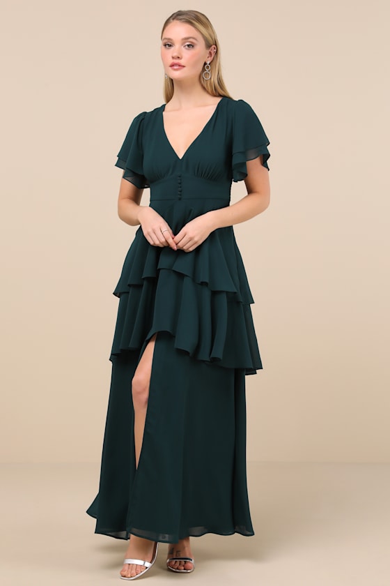 Emerald Green Maxi Dress - Tiered Maxi Dress - Short Sleeve