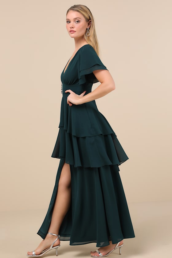 Shop Lulus Midnight Mood Emerald Green Tiered Maxi Dress