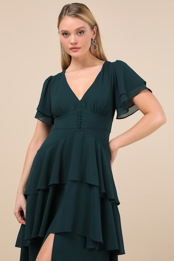 Shop Lulus Midnight Mood Emerald Green Tiered Maxi Dress