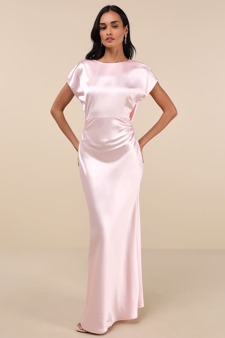 Captivating Presence Blush Pink Satin Cowl Back Maxi Dress