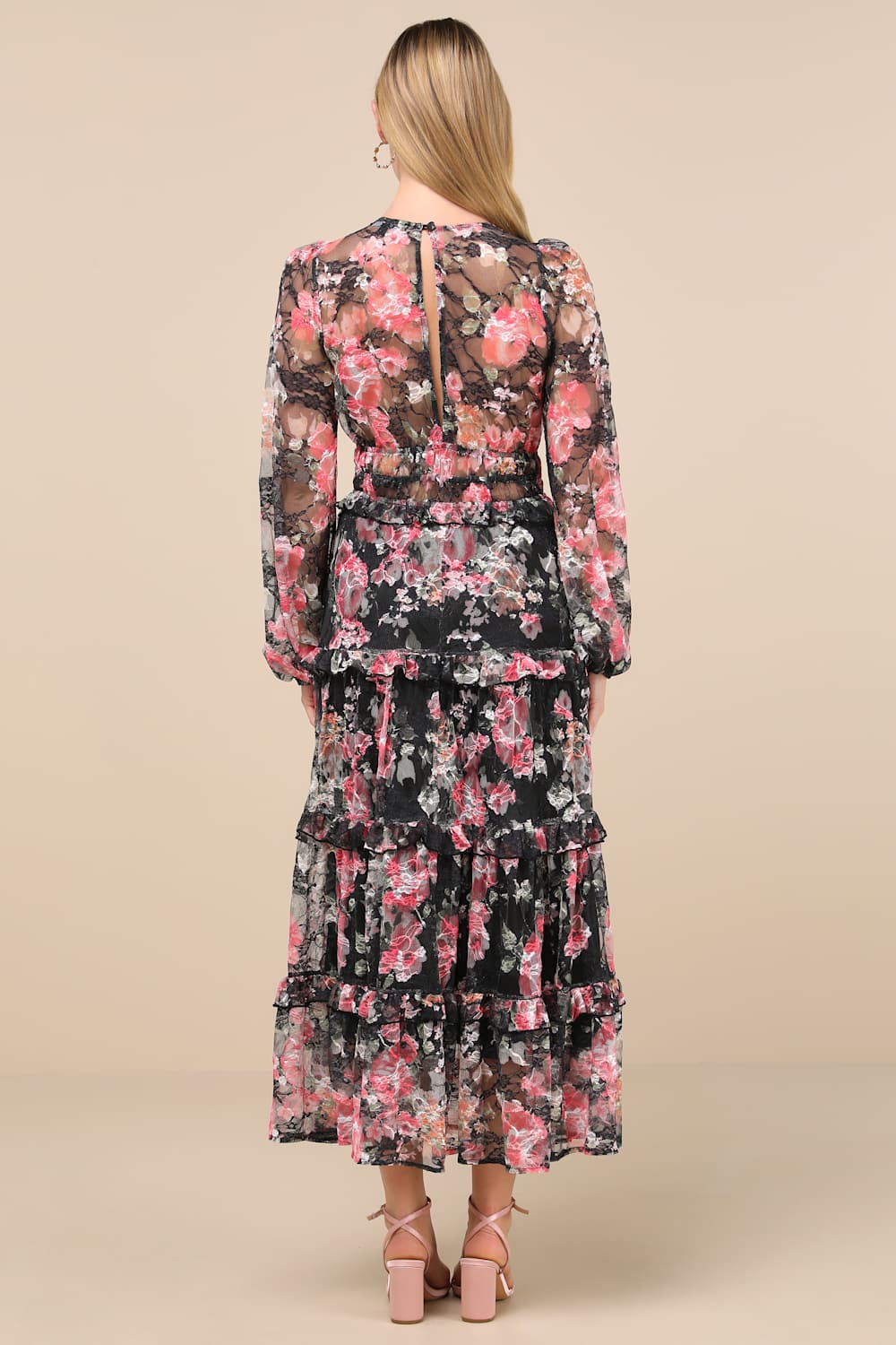 Kingsly Black Floral Lace Long Sleeve Tiered Midi Dress