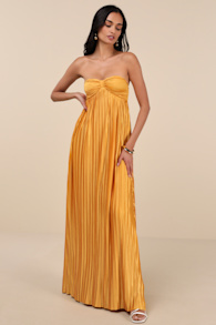 Whimsical Beauty Golden Yellow Satin Plisse Strapless Maxi Dress 5