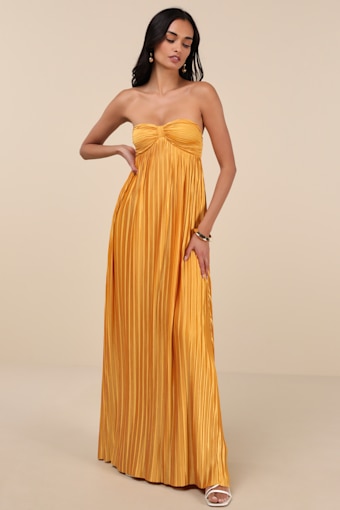 Whimsical Beauty Golden Yellow Satin Plisse Strapless Maxi Dress 5