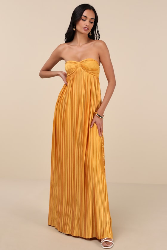 Whimsical Beauty Golden Yellow Satin Plisse Strapless Maxi Dress 5