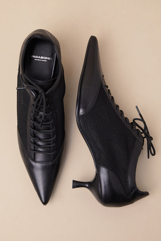 VAGABOND SHOEMAKERS LYKKE BLACK LEATHER MESH LACE-UP KITTEN HEEL PUMPS