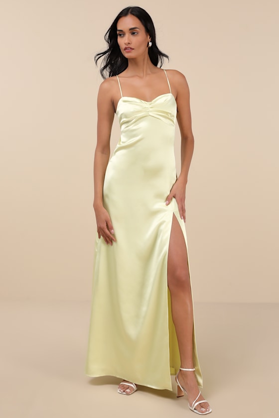 Light Yellow Satin Dress - Backless Maxi Dress - Pleated Dress - Lulus