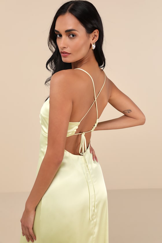 Stunning Example Light Yellow Satin Backless Maxi Dress 3