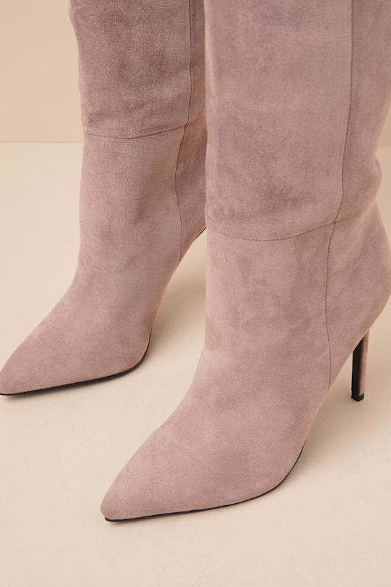 LULUS TRINNIE TAUPE SUEDE POINTED-TOE OVER-THE-KNEE BOOTS