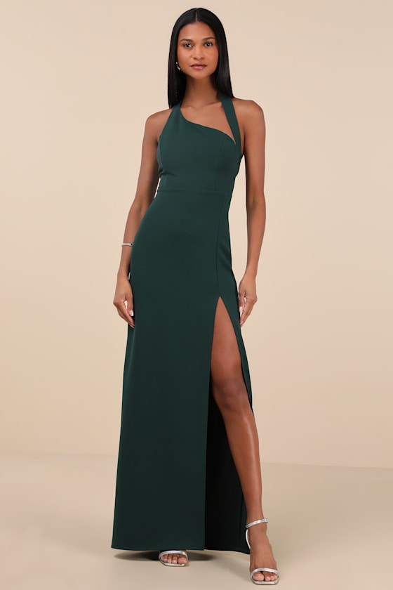 LULUS UNFORGETTABLE COMPOSURE EMERALD ASYMMETRICAL HALTER MAXI DRESS