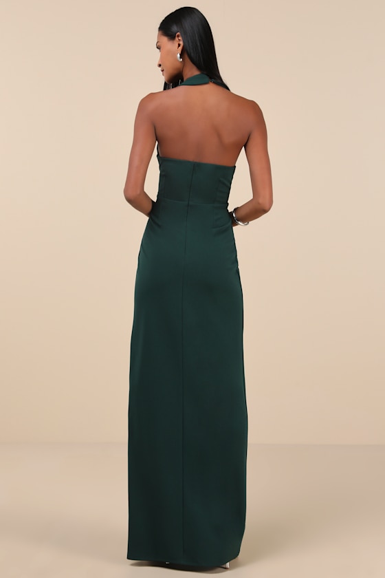 LULUS UNFORGETTABLE COMPOSURE EMERALD ASYMMETRICAL HALTER MAXI DRESS