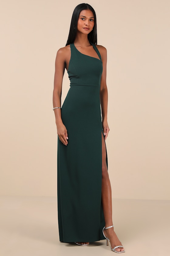 LULUS UNFORGETTABLE COMPOSURE EMERALD ASYMMETRICAL HALTER MAXI DRESS