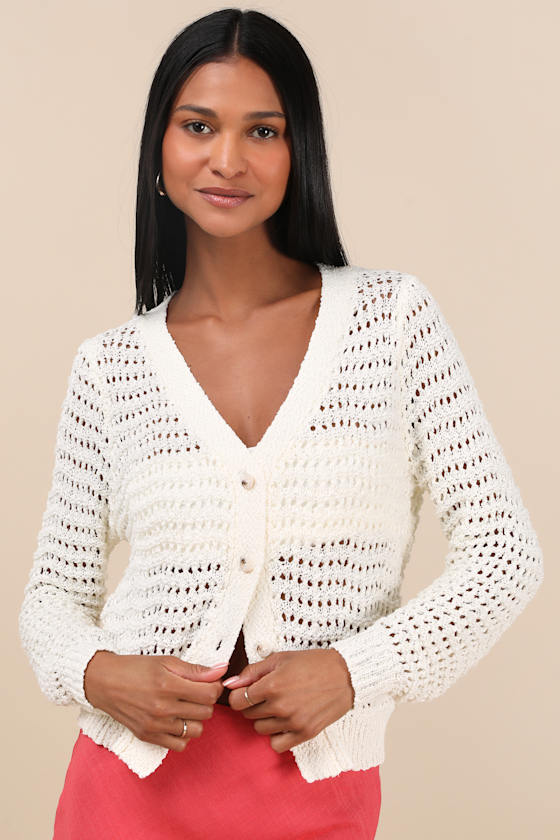 Breezy Attitude Ivory Loose Knit Button-Up Cardigan Sweater 1