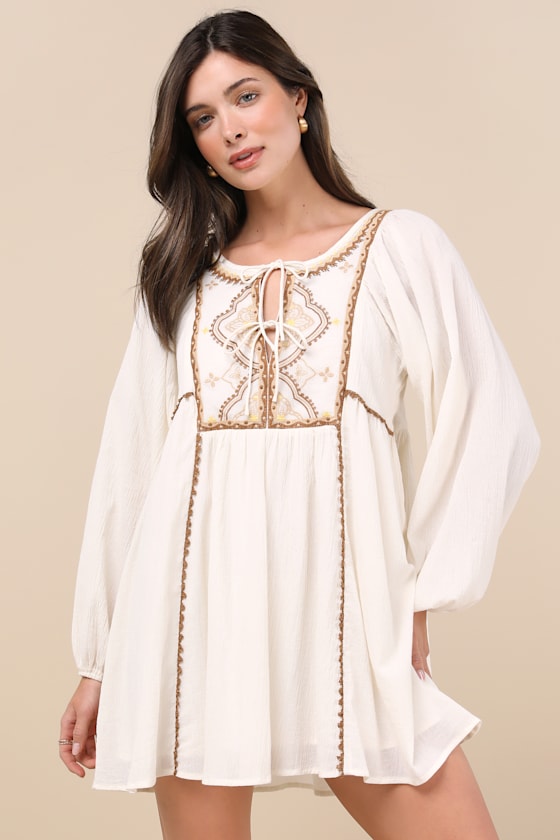 Exceptionally Dreamy Ivory Embroidered Mini Shift Dress 2