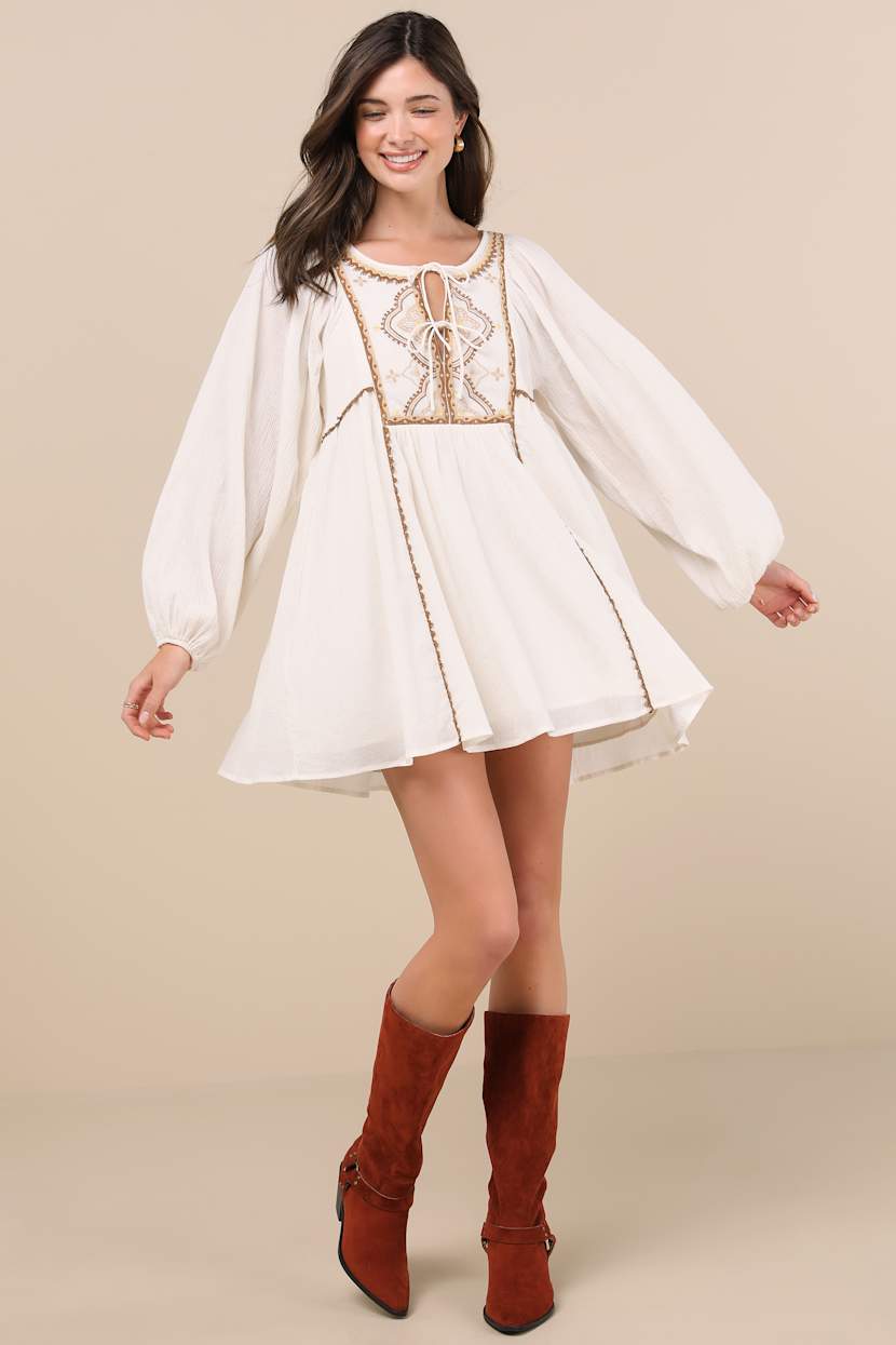 Ivory Embroidered Dress - Mini Shift Dress - Balloon Sleeve Dress - Lulus