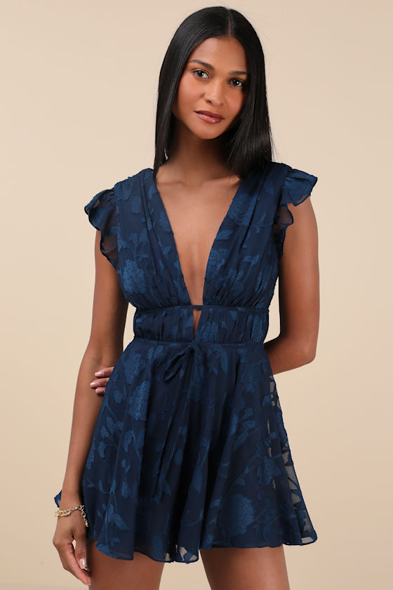 Lulus All About The Flowers Navy Burnout Floral Ruffled Romper In Navy