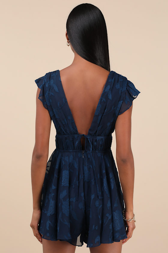Lulus All About The Flowers Navy Burnout Floral Ruffled Romper In Navy