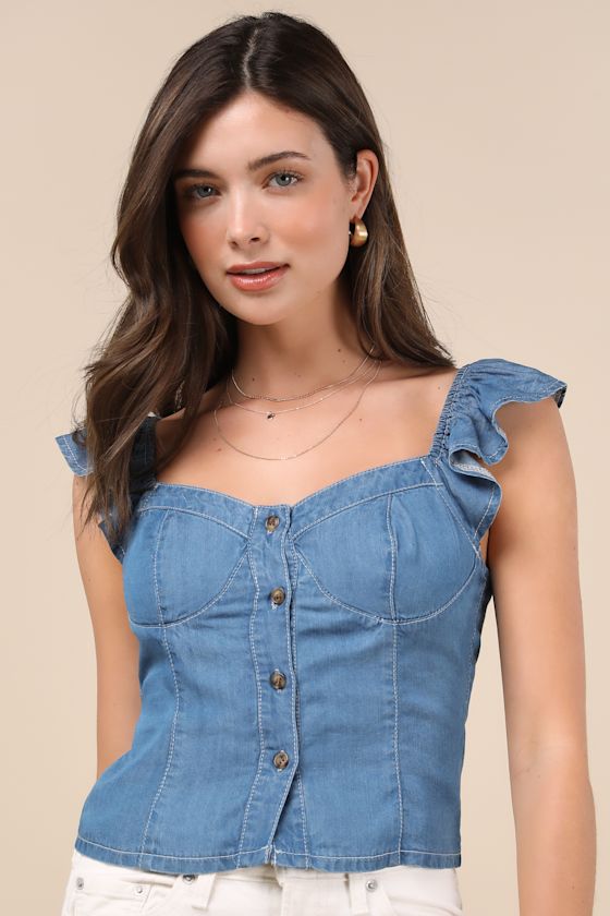Lulus Enye Blue Chambray Bustier Flutter Sleeve Top In Blue