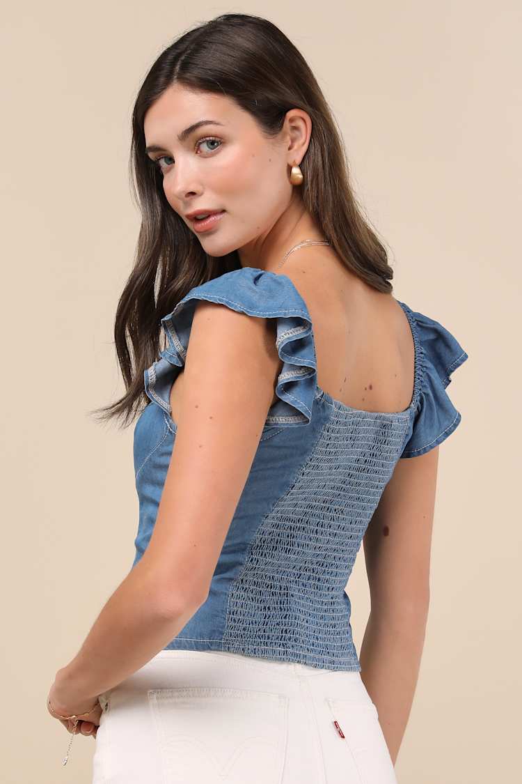 Enye Blue Chambray Bustier Flutter Sleeve Top