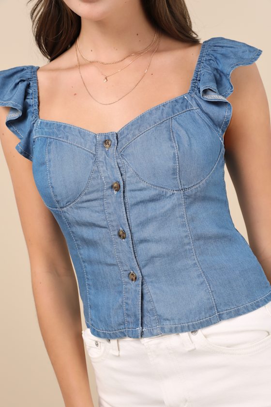 Lulus Enye Blue Chambray Bustier Flutter Sleeve Top In Blue