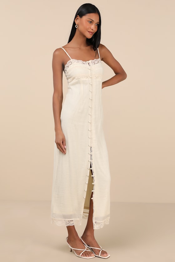 Lulus Blissful Effect White Lace Textured Lace-up Cutout Maxi Dress In White