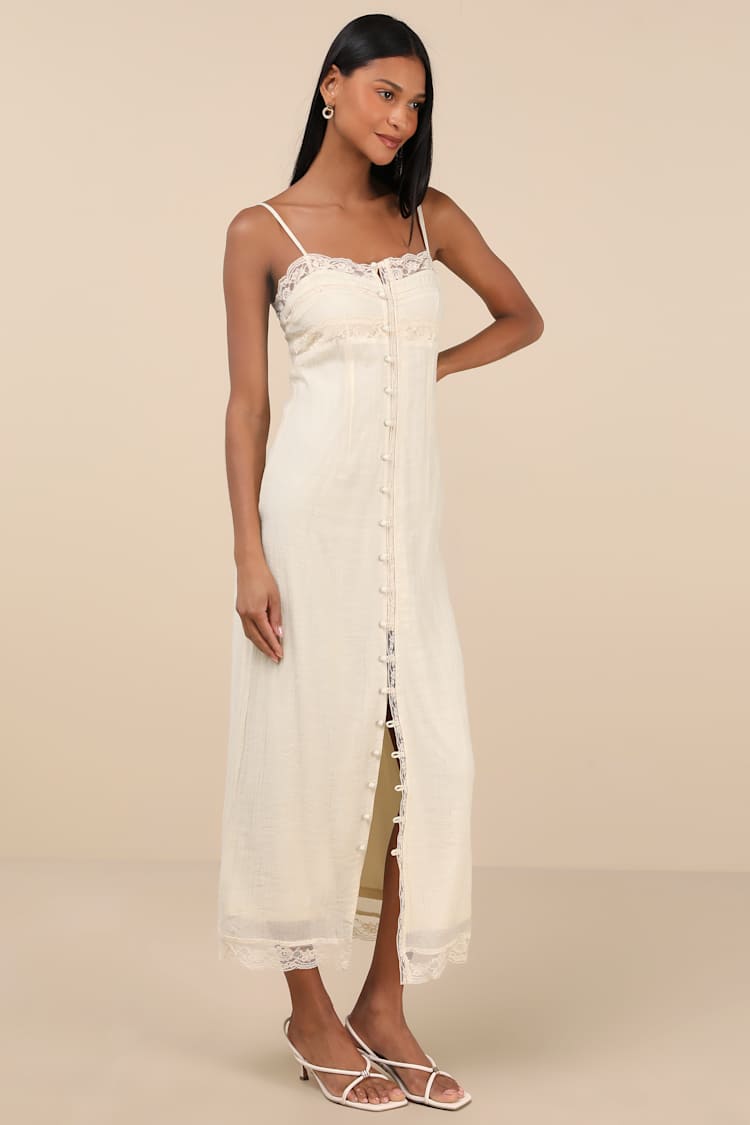 Veanna Cream Textured Lace Button-Front Midi Dress
