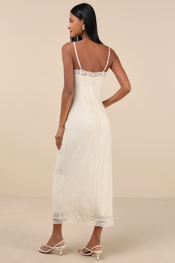 Lulus Blissful Effect White Lace Textured Lace-up Cutout Maxi Dress In White