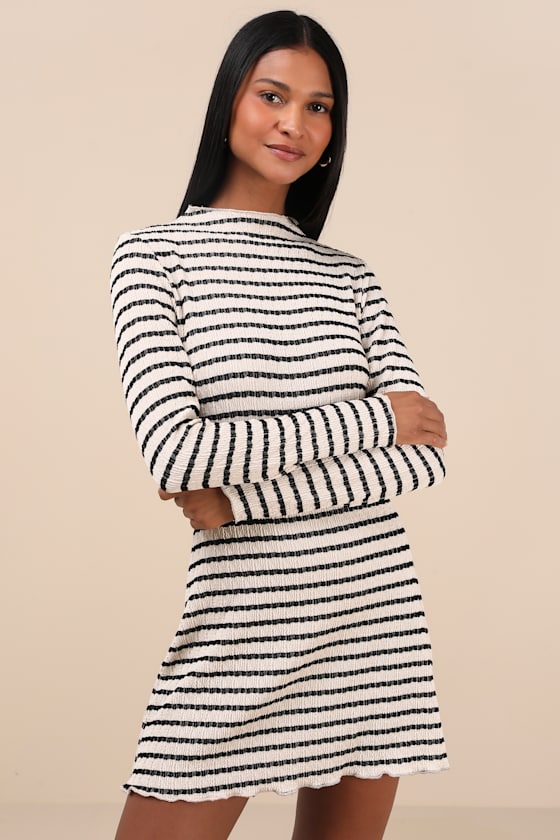 Lulus Flattering Forecast Striped Textured Long Sleeve Mini Dress