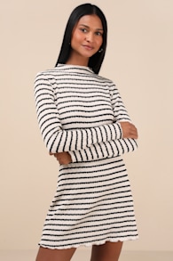 Flattering Forecast Cream Striped Long Sleeve Mini Dress