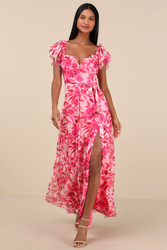 Lulus Sensationally Sweeter Bright Pink Floral Ruffled Maxi Dress In Pink