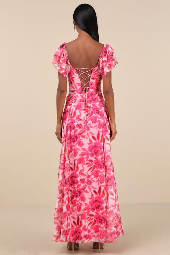 Lulus Sensationally Sweeter Bright Pink Floral Ruffled Maxi Dress In Pink