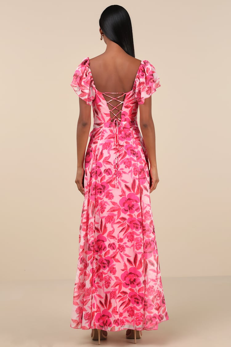 Sensationally Sweeter Bright Pink Floral Ruffled Maxi Dress
