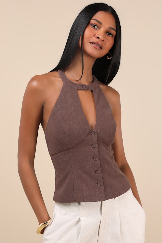 LULUS PAMULA BROWN HALTER BUTTON-FRONT TOP