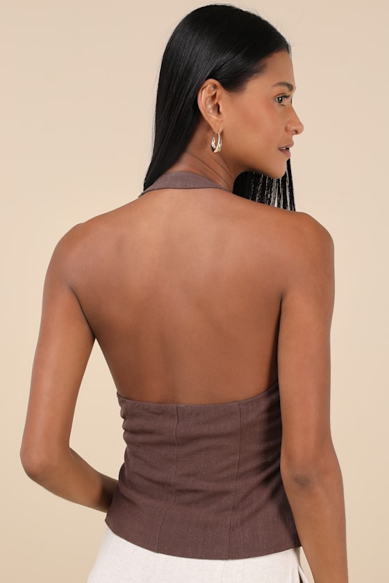 LULUS PAMULA BROWN HALTER BUTTON-FRONT TOP