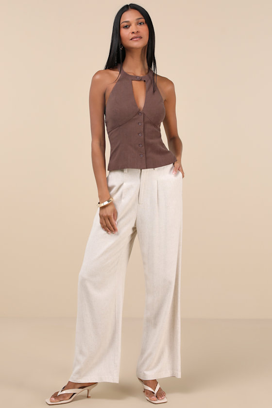 LULUS PAMULA BROWN HALTER BUTTON-FRONT TOP