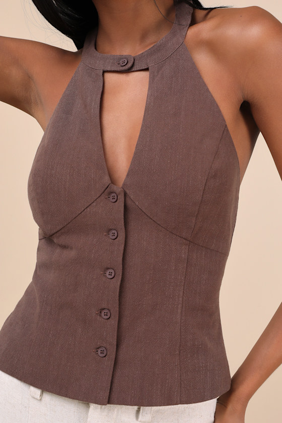 LULUS PAMULA BROWN HALTER BUTTON-FRONT TOP