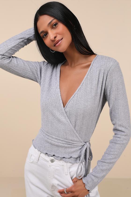 Lulus Lovable Favorite Grey Pointelle Knit Long Sleeve Wrap Top In Grey