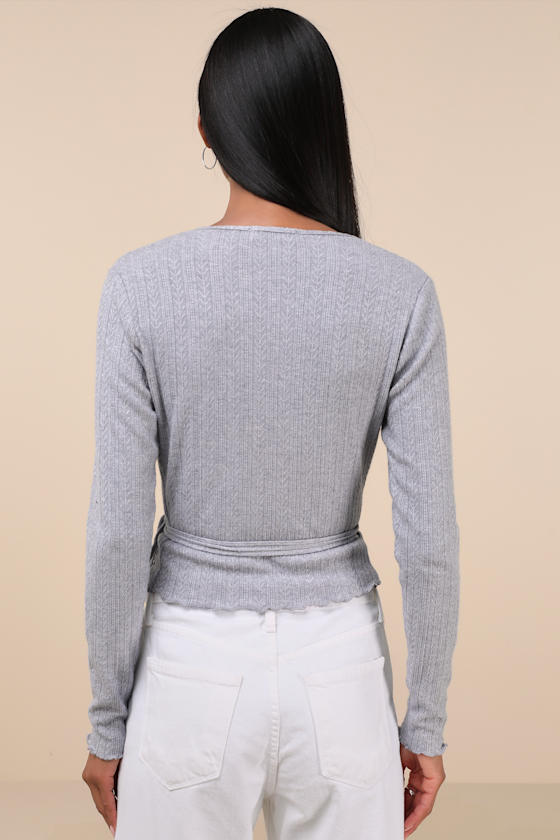 Lulus Lovable Favorite Grey Pointelle Knit Long Sleeve Wrap Top In Grey