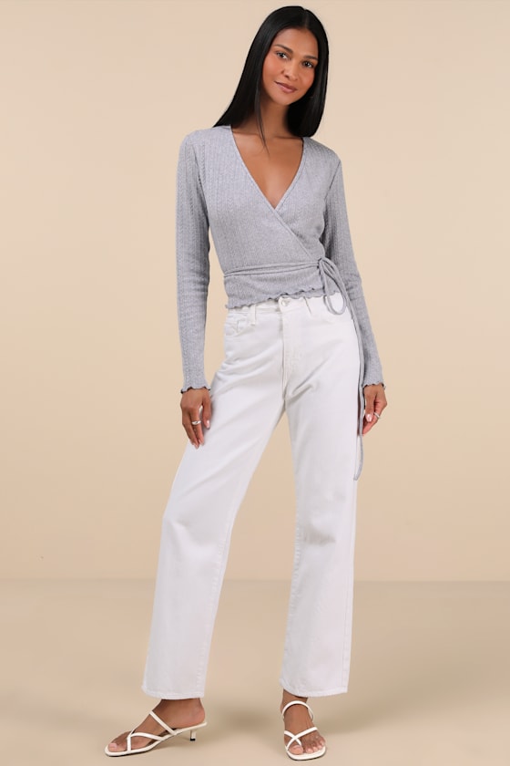 Lulus Lovable Favorite Grey Pointelle Knit Long Sleeve Wrap Top In Grey