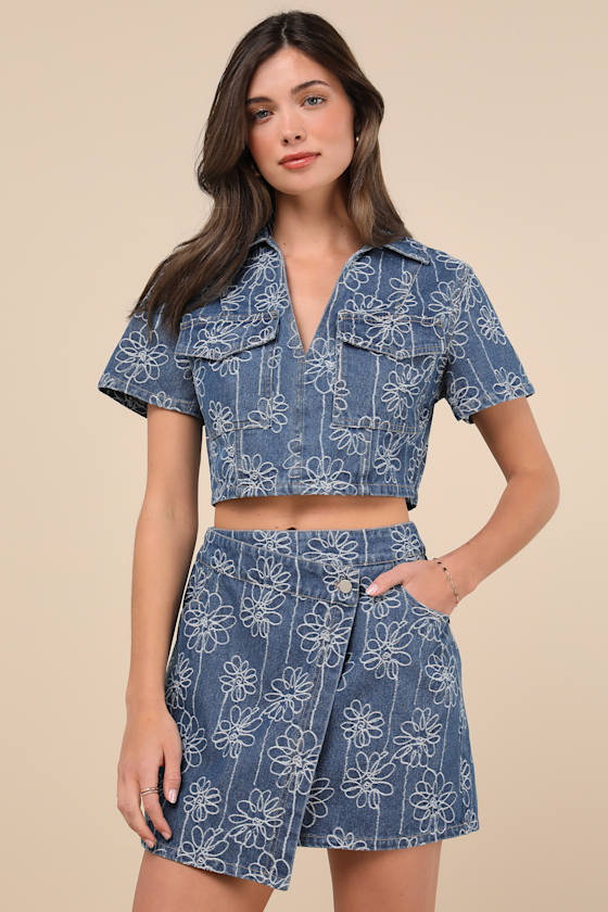 Lulus Nicest Aura Medium Wash Embroidered Denim Two-piece Dress In Blue