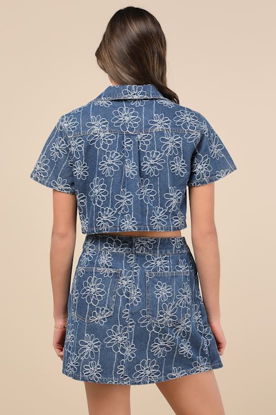 Lulus Nicest Aura Medium Wash Embroidered Denim Two-piece Dress In Blue