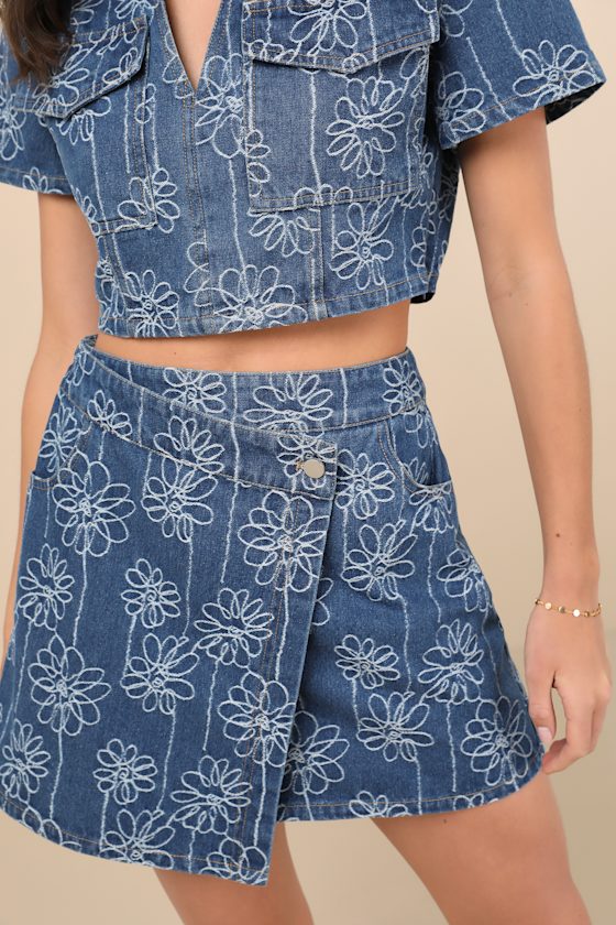 Lulus Nicest Aura Medium Wash Embroidered Denim Two-piece Dress In Blue