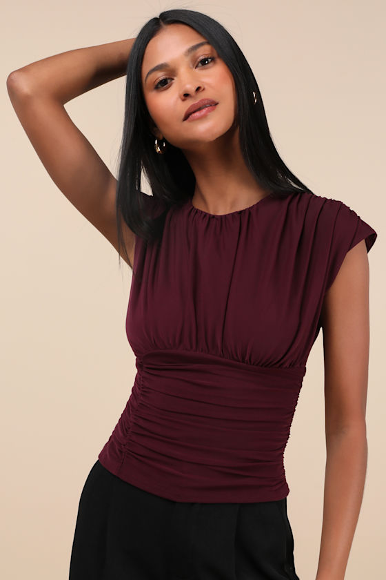 Lulus Cute Allure Plum Purple Mesh Backless Ruched Top In Plum Purple