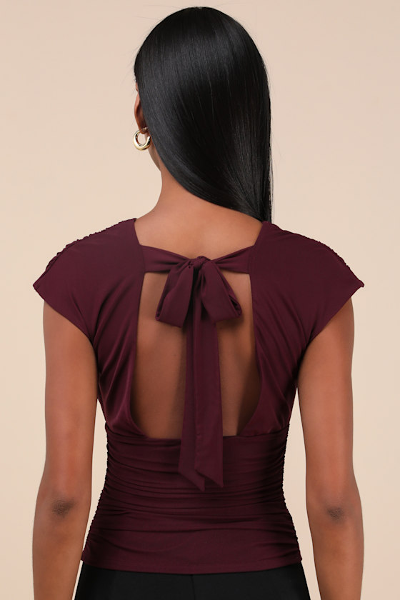 Lulus Cute Allure Plum Purple Mesh Backless Ruched Top In Plum Purple