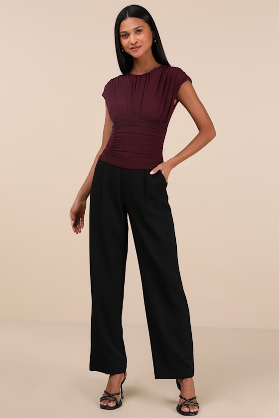 Lulus Cute Allure Plum Purple Mesh Backless Ruched Top In Plum Purple