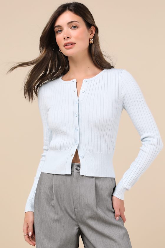 Lulus Perfect Classic Light Blue Ribbed Knit Cardigan Sweater In Light Blue
