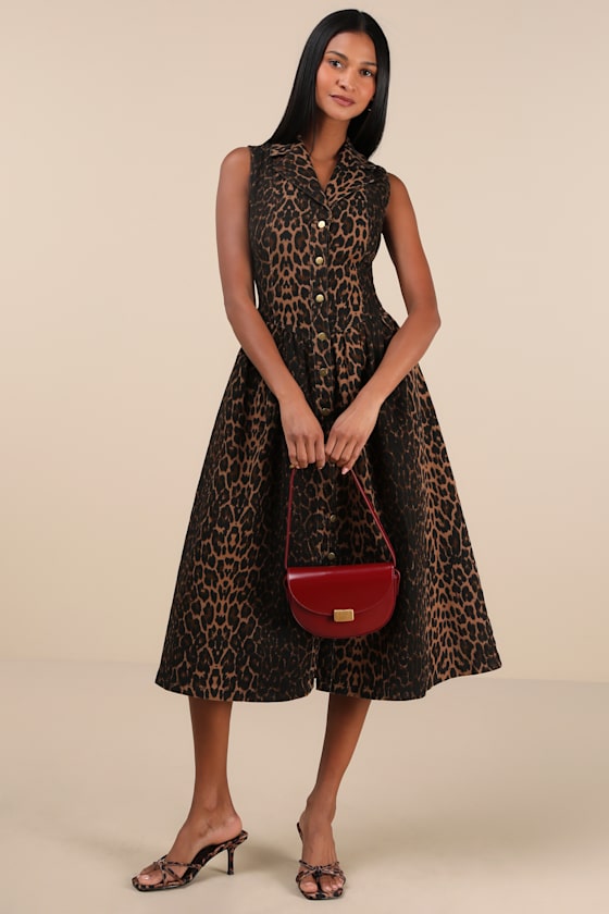 LULUS LEVON BROWN LEOPARD PRINT DENIM BUTTON-FRONT MIDI DRESS