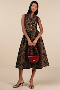 Levon Brown Leopard Print Denim Button-Front Midi Dress 1