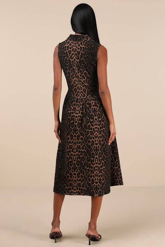 LULUS LEVON BROWN LEOPARD PRINT DENIM BUTTON-FRONT MIDI DRESS