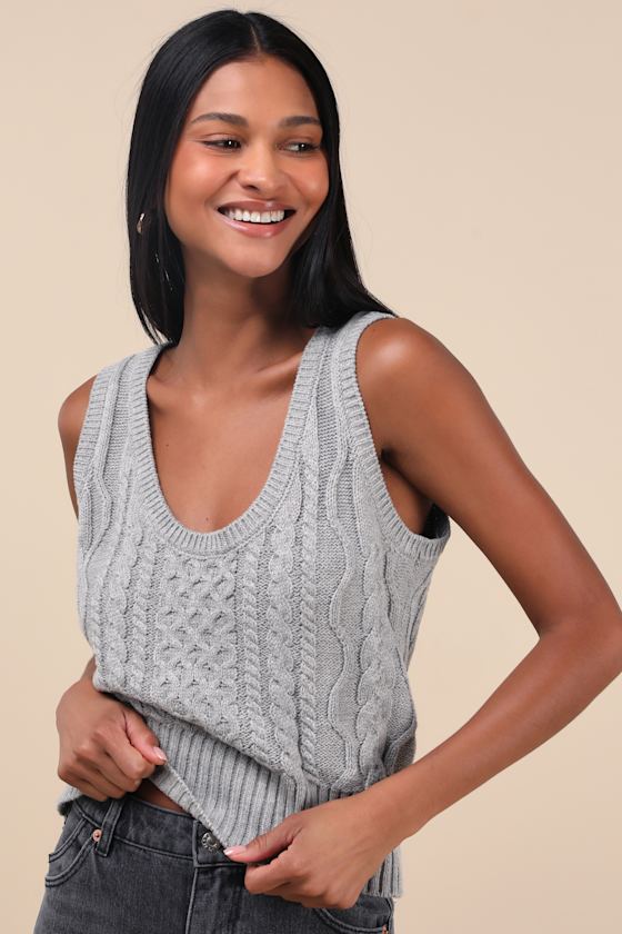 Lulus Sophisticated Staple Heather Grey Cable Knit Sweater Vest In Heather Grey